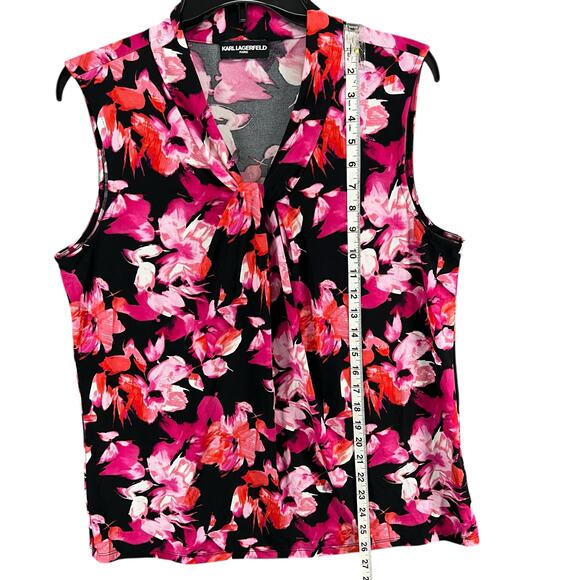 Karl Lagerfeld Top Women L Pink Black Floral Sleeveless Blouse Career Stretch - Picture 5 of 11
